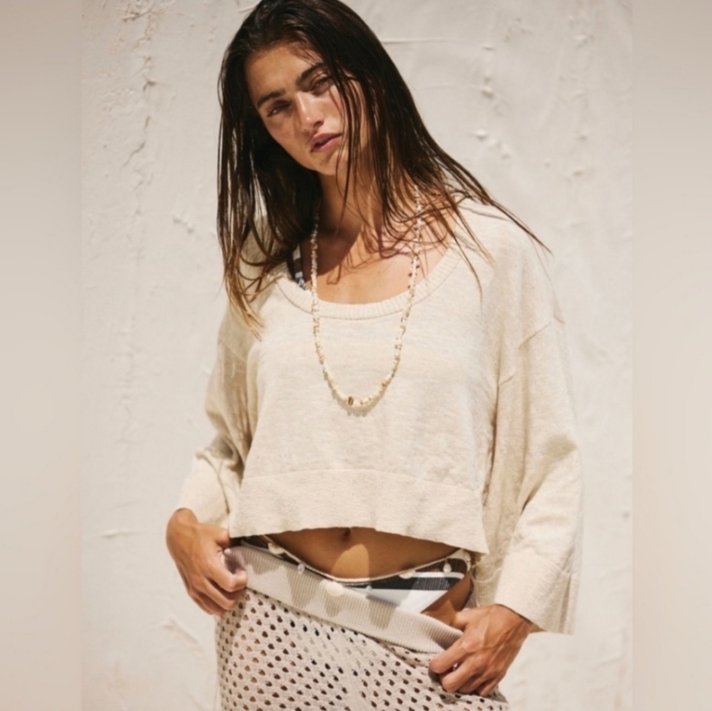 Free People Beach Oatmeal Sands Dionne Cropped Sweater Top Small